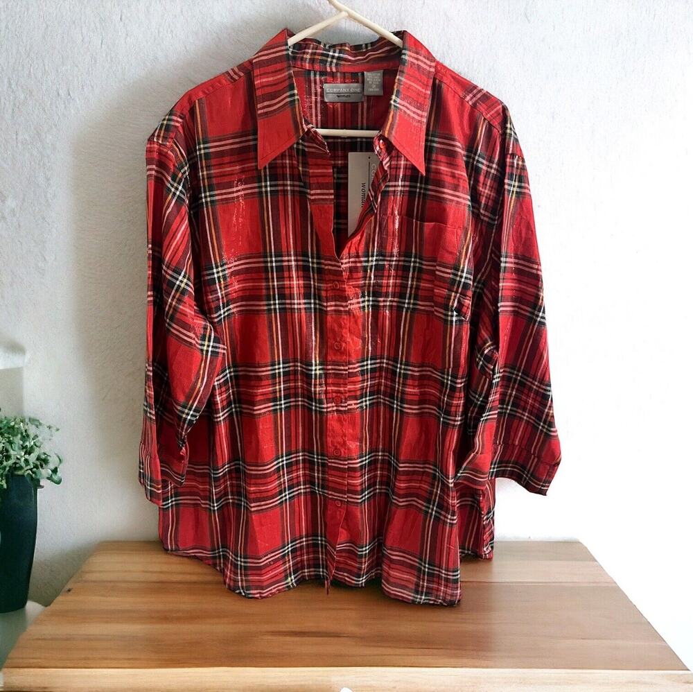 NWT Company One Womens 3X Button Down Red Green V Neck shimmer Plaid 3/4 sleeve
